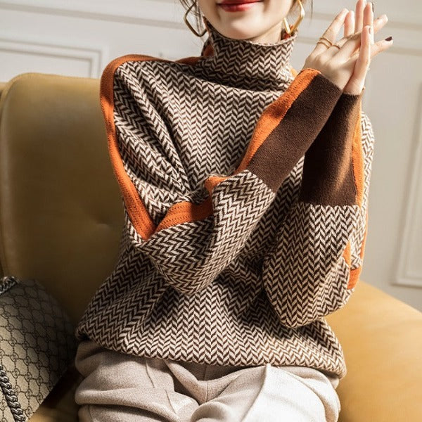 Marivelle™ - Pull à col montant pour femme avec rayures contrastées