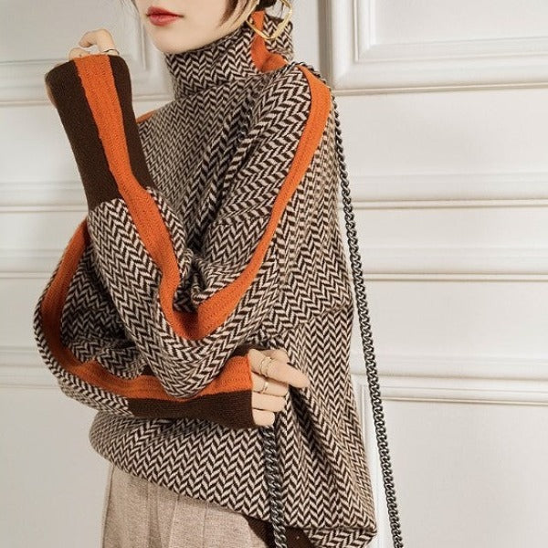 Marivelle™ - Pull à col montant pour femme avec rayures contrastées
