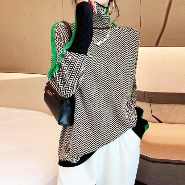 Marivelle™ - Pull à col montant pour femme avec rayures contrastées