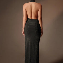 Mirthe lange jurk met strass in zwart, open rug