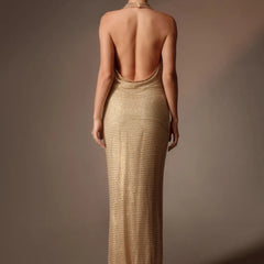 Mirthe lange jurk met strass in goud, open rug