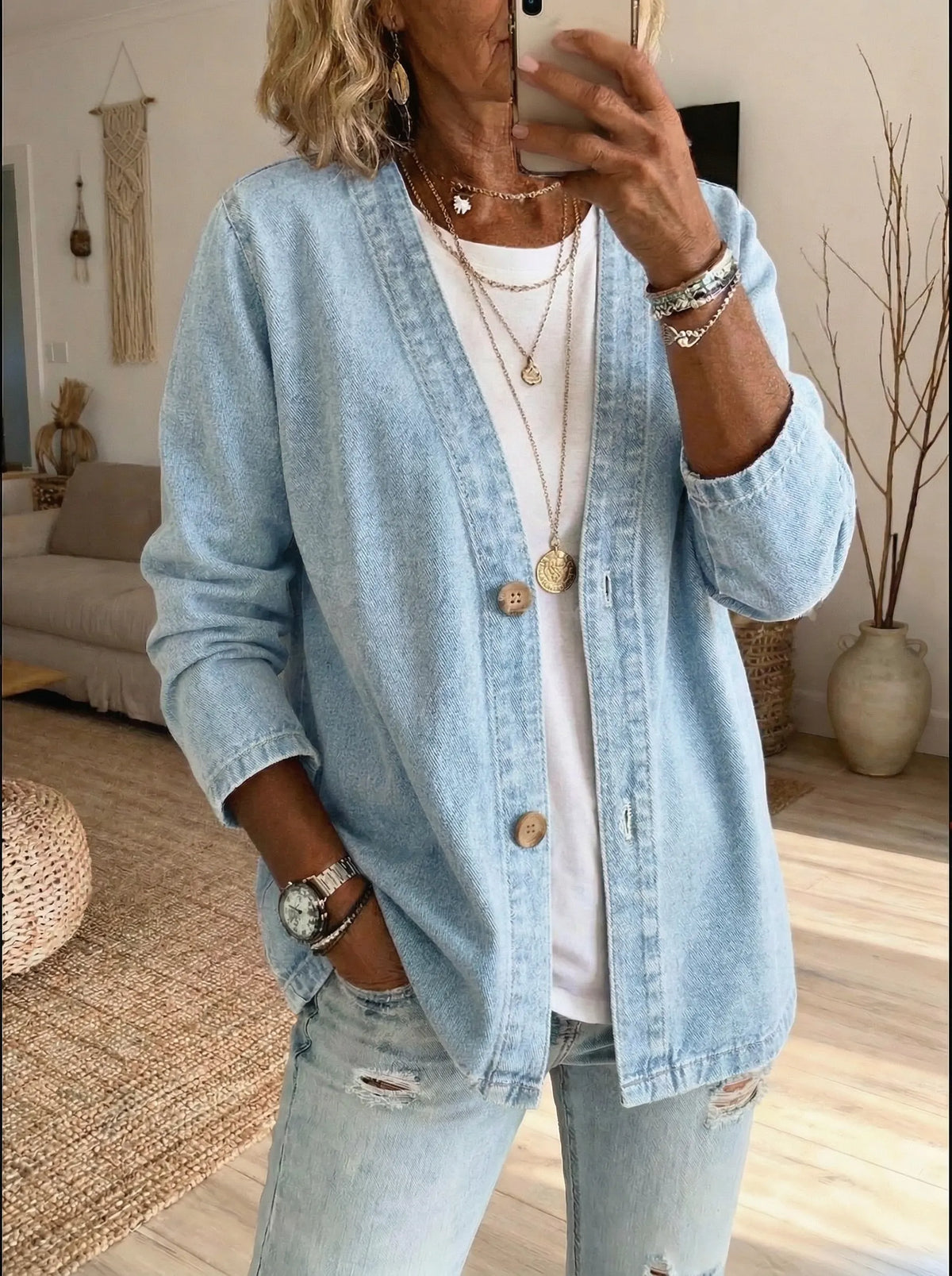 Oryxa - Veste Femme Denim Coupe Ample Boutonnée Style Décontracté